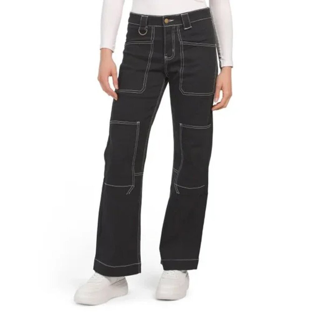 PTCL Utility High Waist Contrast Stitch Cargo Straight Leg Pants Black Women 8‎